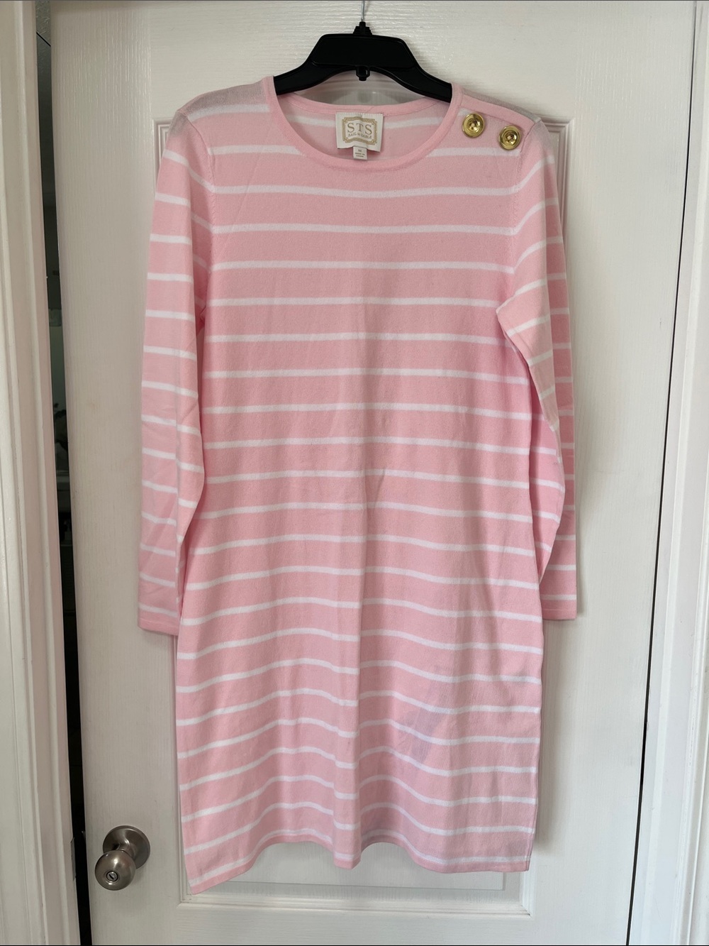 Sail to Sable Pink & White Stripe Knit Dress with gold Shoulder Buttons, M, NWOT